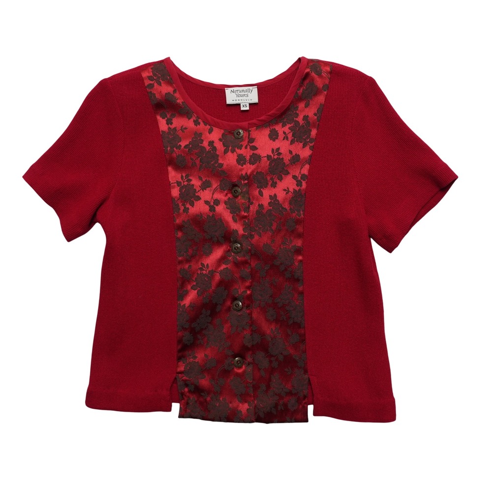 Naturally Yours Honolulu XS Red Floral Brocade Hawaiian‎ Button Up Shirt